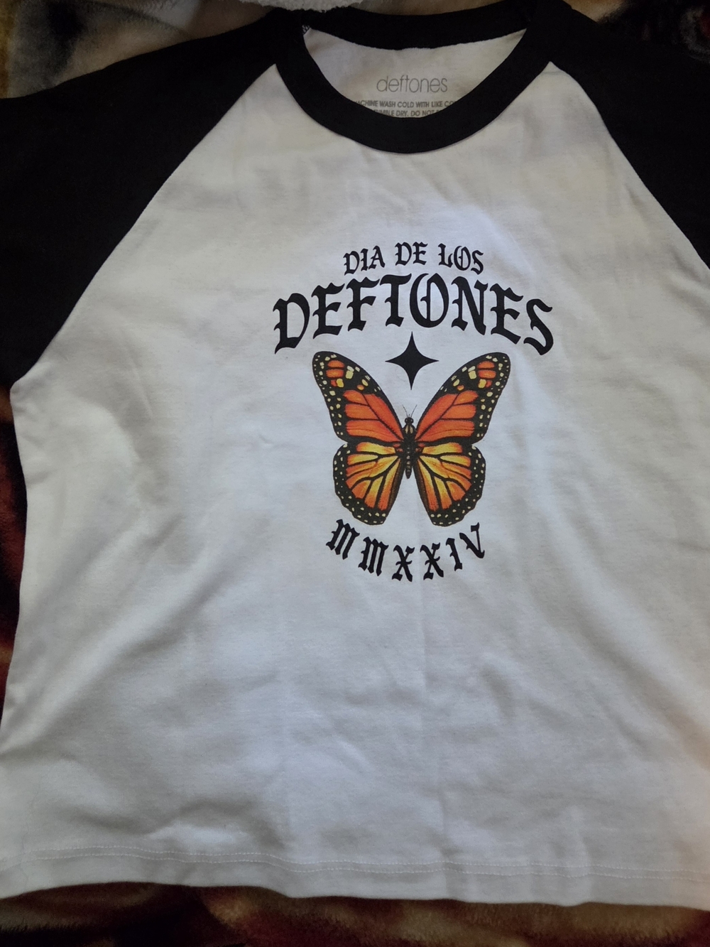 Deftones Women's White & Black Raglan Crop Top with Orange Butterfly